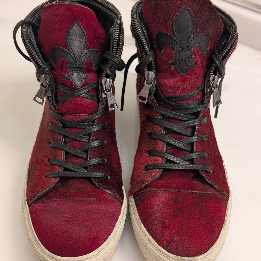John Varvatos 315 Red High-Top Sneakers with Black Fleur-de-Lis size 11